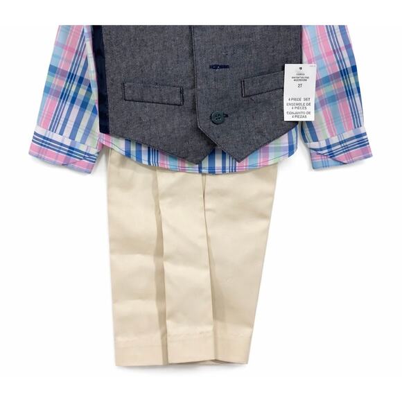 IZOD Boys 2T Easter Preppy Ring Bearer 4pc Suit Gray Vest Plaid Khaki Bow Tie - Picture 2 of 7